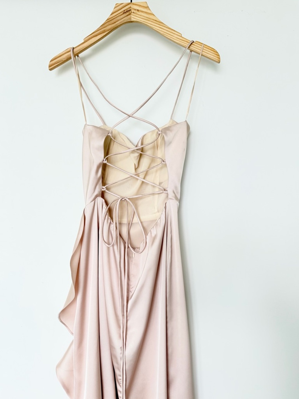 Dress Forum Champagne Satin Lace-Up Back Ruffle Maxi Dress Size M - Picture 10 of 16